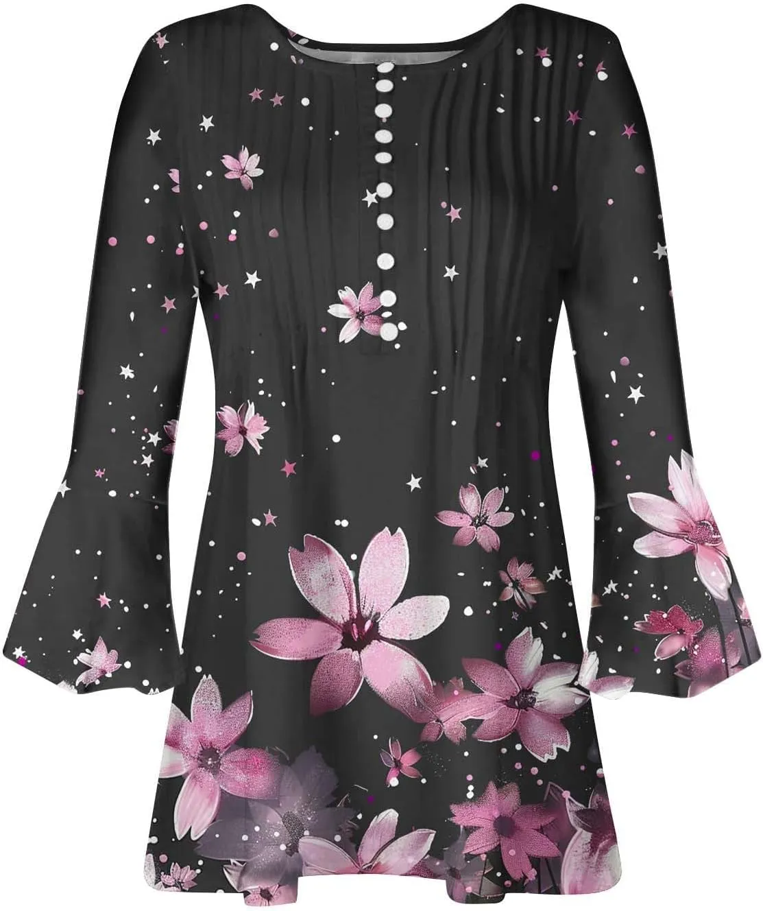 Women's Tunic Tops 2025 Fashion Boho Floral Print Daily Shirt Y2k 3/4 Bell Sleeve Button Down V Neck T Shirt Outfits