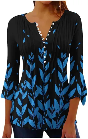Women's Tunic Tops 2025 Fashion Boho Floral Print Daily Shirt Y2k 3/4 Bell Sleeve Button Down V Neck T Shirt Outfits