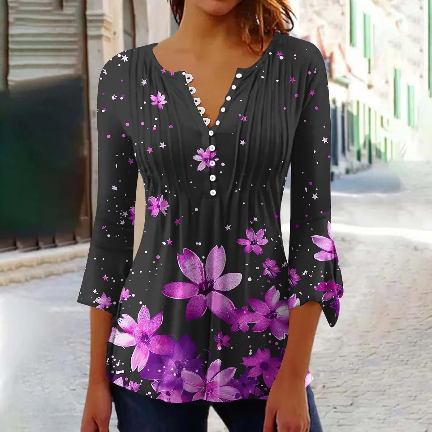 Women's Tunic Tops 2025 Fashion Boho Floral Print Daily Shirt Y2k 3/4 Bell Sleeve Button Down V Neck T Shirt Outfits