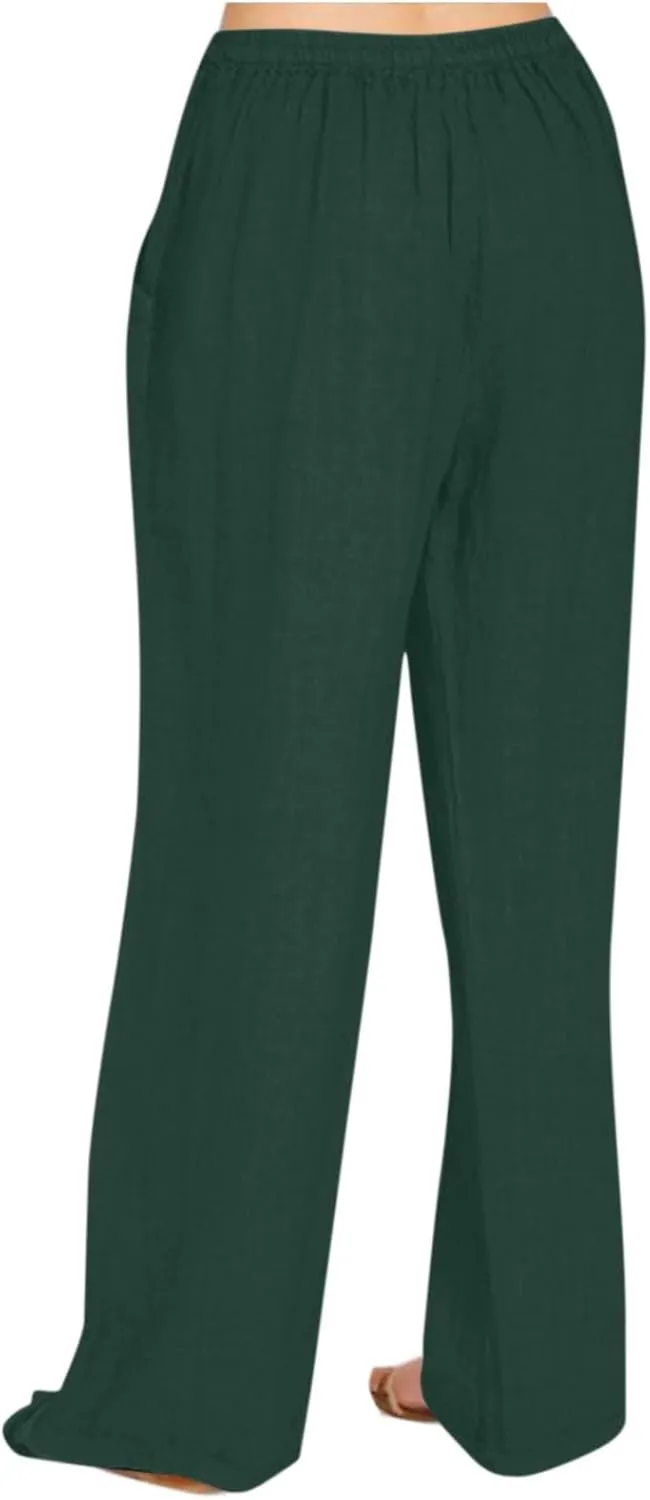 Women's Vintage Wide Leg Pants Cotton Linen Harem Pants Summer Elastic Waist Casual Lightweight Baggy Slacks Trousers