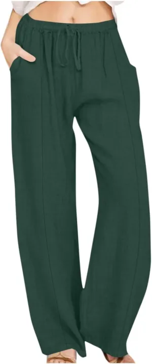 Women's Vintage Wide Leg Pants Cotton Linen Harem Pants Summer Elastic Waist Casual Lightweight Baggy Slacks Trousers