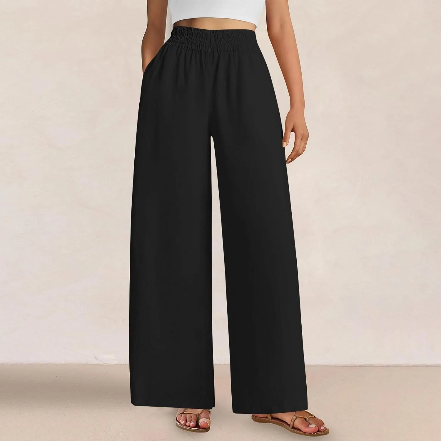 Womens Wide Leg Linen Pants Casual High Elastic Waist Loose Palazzo Pants Summer Beach Flowy Trousers with Pockets