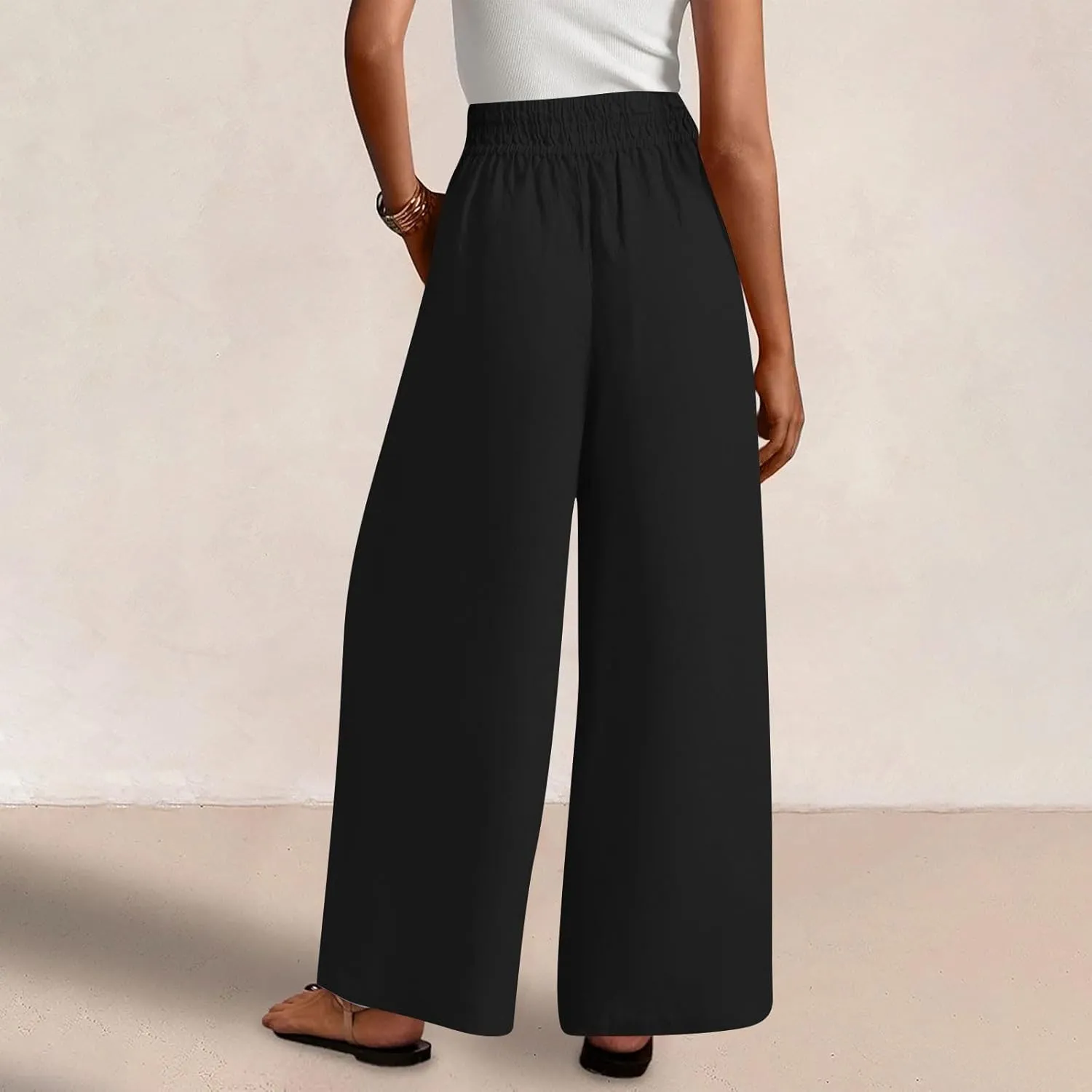 Womens Wide Leg Linen Pants Casual High Elastic Waist Loose Palazzo Pants Summer Beach Flowy Trousers with Pockets