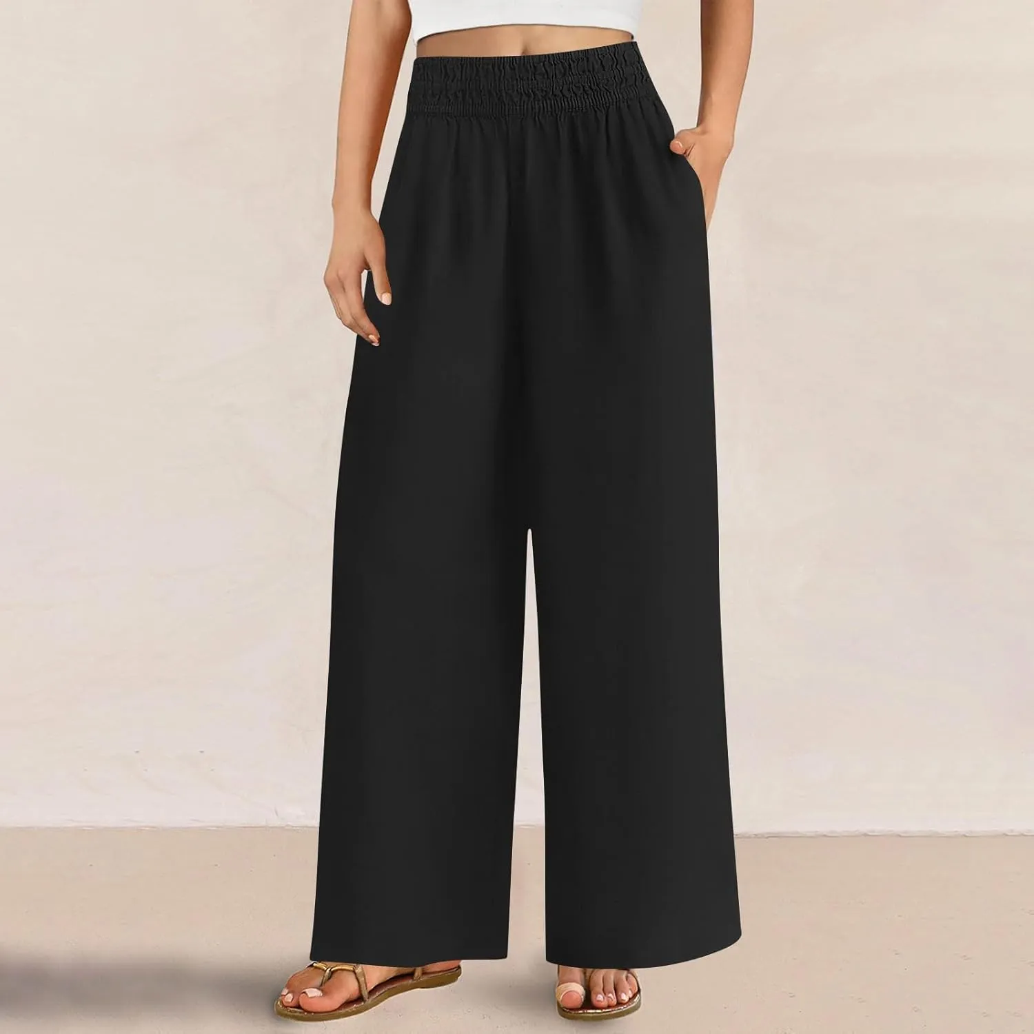 Womens Wide Leg Linen Pants Casual High Elastic Waist Loose Palazzo Pants Summer Beach Flowy Trousers with Pockets