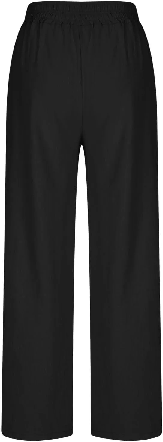Womens Wide Leg Linen Pants Casual High Elastic Waist Loose Palazzo Pants Summer Beach Flowy Trousers with Pockets