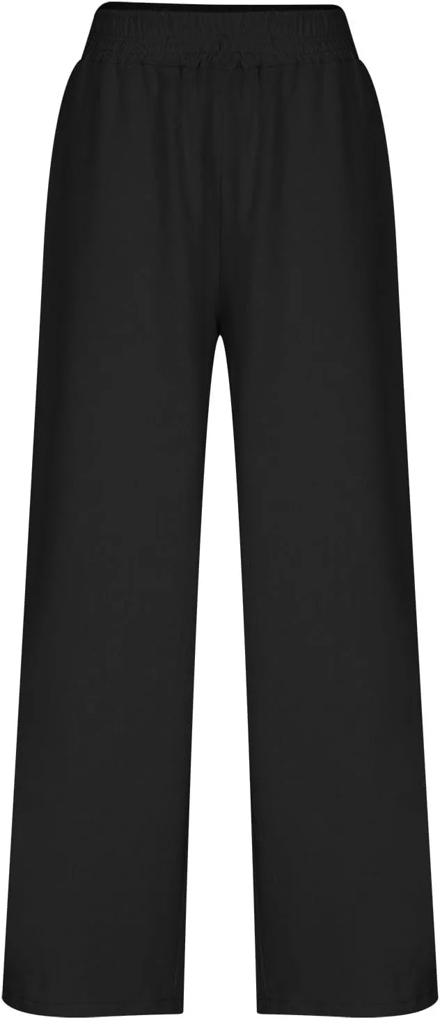 Womens Wide Leg Linen Pants Casual High Elastic Waist Loose Palazzo Pants Summer Beach Flowy Trousers with Pockets