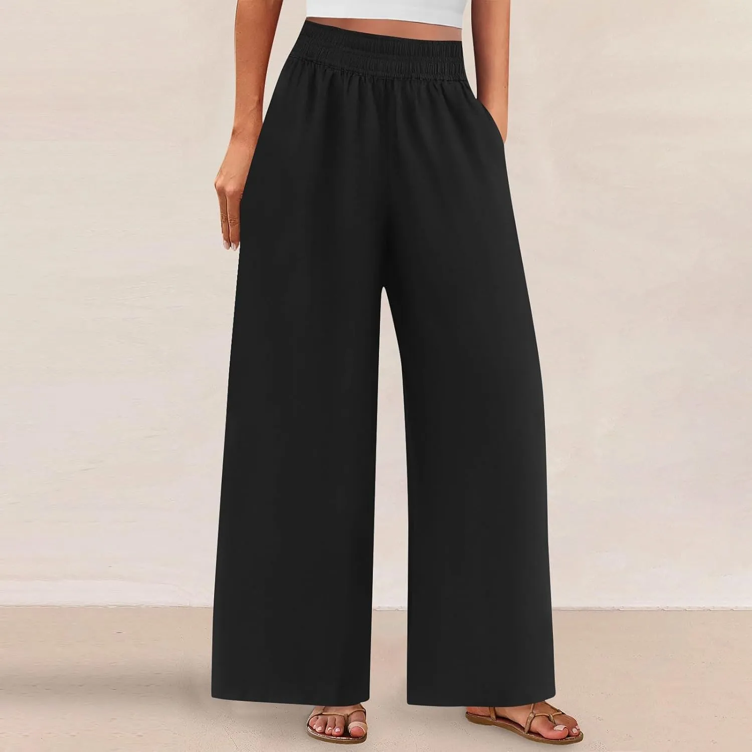 Womens Wide Leg Linen Pants Casual High Elastic Waist Loose Palazzo Pants Summer Beach Flowy Trousers with Pockets