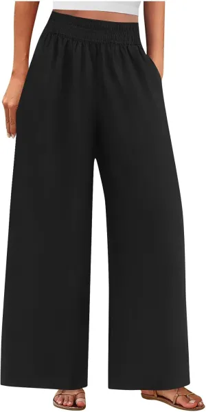 Womens Wide Leg Linen Pants Casual High Elastic Waist Loose Palazzo Pants Summer Beach Flowy Trousers with Pockets