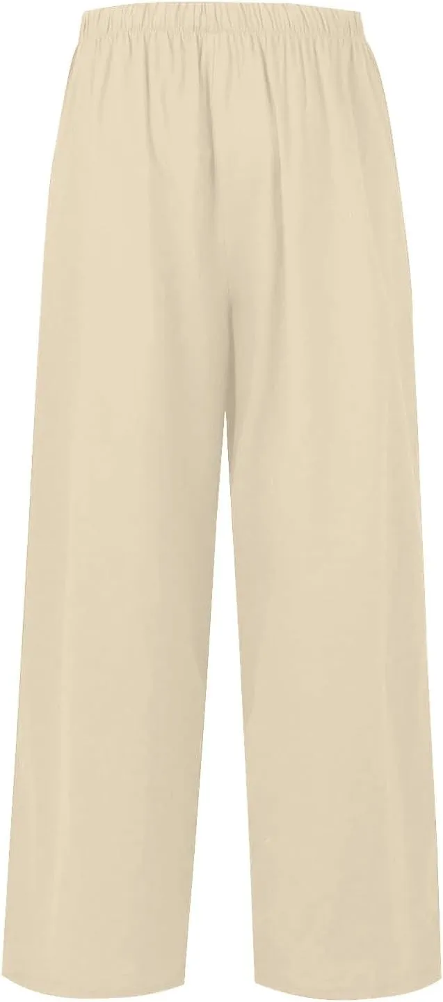Womens Wide Leg Linen Pants Summer Drawstring Elastic Waist Palazzo Pants Soft Comfy Summer Beach Trousers Pockets