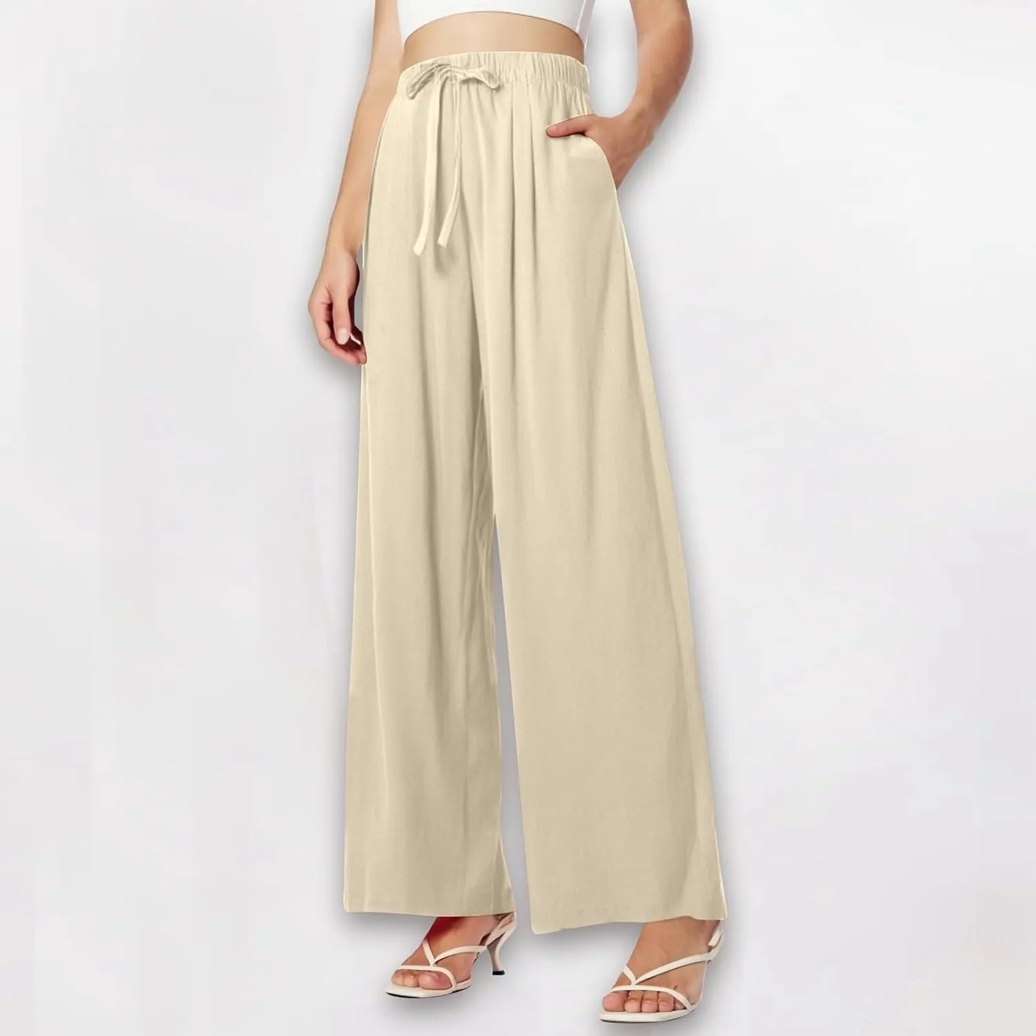 Womens Wide Leg Linen Pants Summer Drawstring Elastic Waist Palazzo Pants Soft Comfy Summer Beach Trousers Pockets