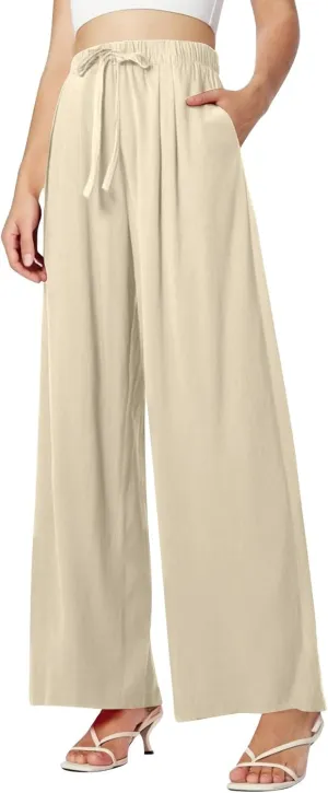 Womens Wide Leg Linen Pants Summer Drawstring Elastic Waist Palazzo Pants Soft Comfy Summer Beach Trousers Pockets