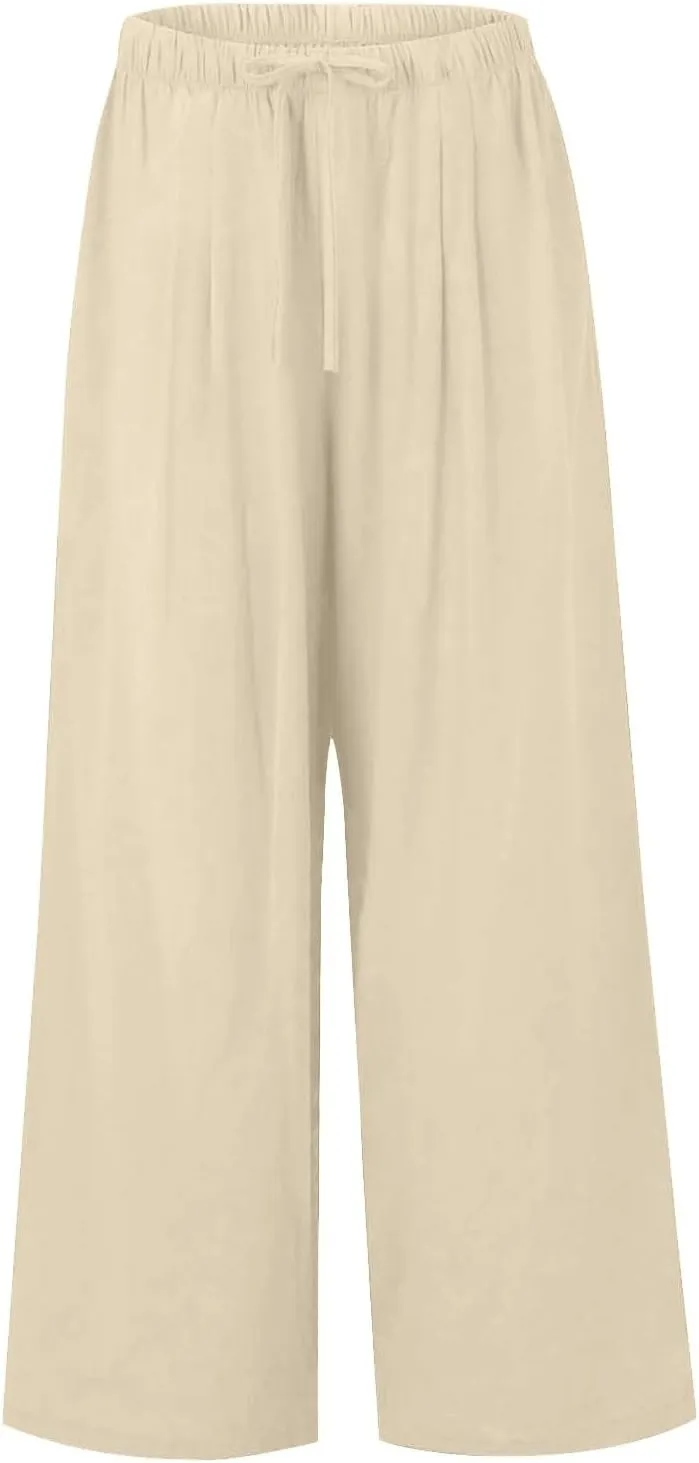 Womens Wide Leg Linen Pants Summer Drawstring Elastic Waist Palazzo Pants Soft Comfy Summer Beach Trousers Pockets