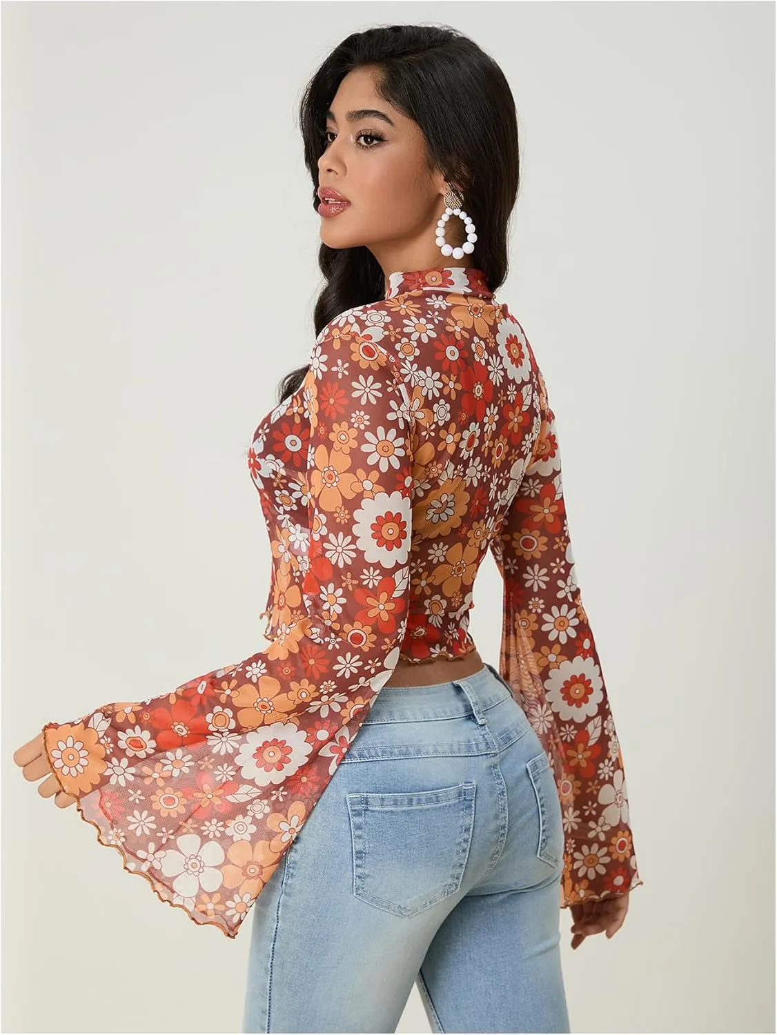 Women's Y2K Floral 70s Top Hippie Shirt Sheer Mesh Tee Shirt Disco Long Bell Sleeve T Shirts Crew Neck Boho Crop Tops
