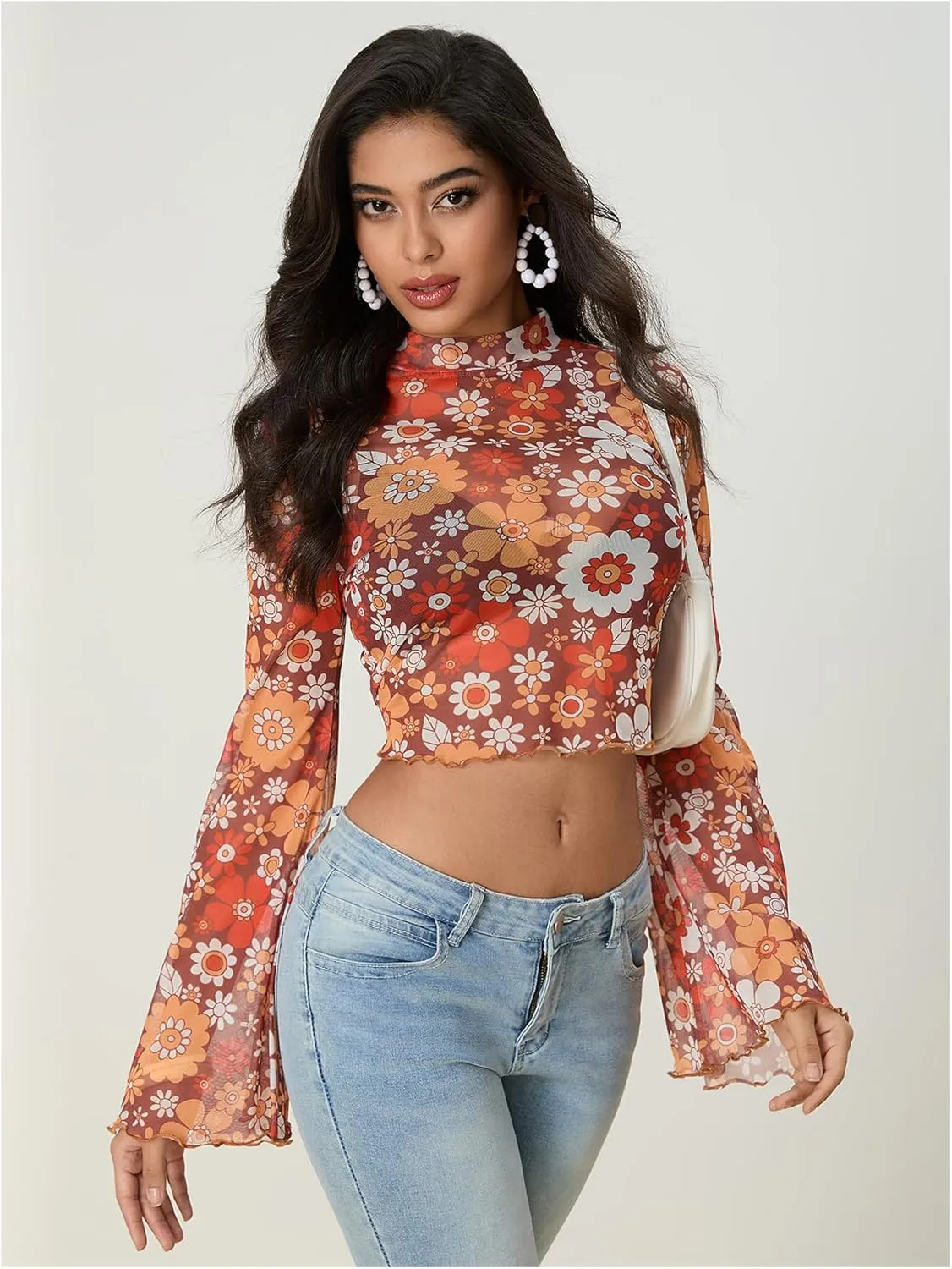 Women's Y2K Floral 70s Top Hippie Shirt Sheer Mesh Tee Shirt Disco Long Bell Sleeve T Shirts Crew Neck Boho Crop Tops