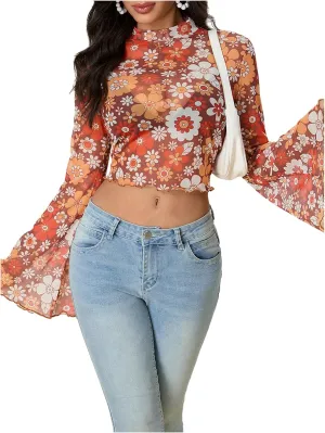 Women's Y2K Floral 70s Top Hippie Shirt Sheer Mesh Tee Shirt Disco Long Bell Sleeve T Shirts Crew Neck Boho Crop Tops