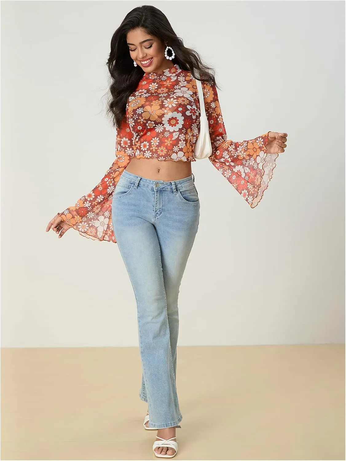 Women's Y2K Floral 70s Top Hippie Shirt Sheer Mesh Tee Shirt Disco Long Bell Sleeve T Shirts Crew Neck Boho Crop Tops