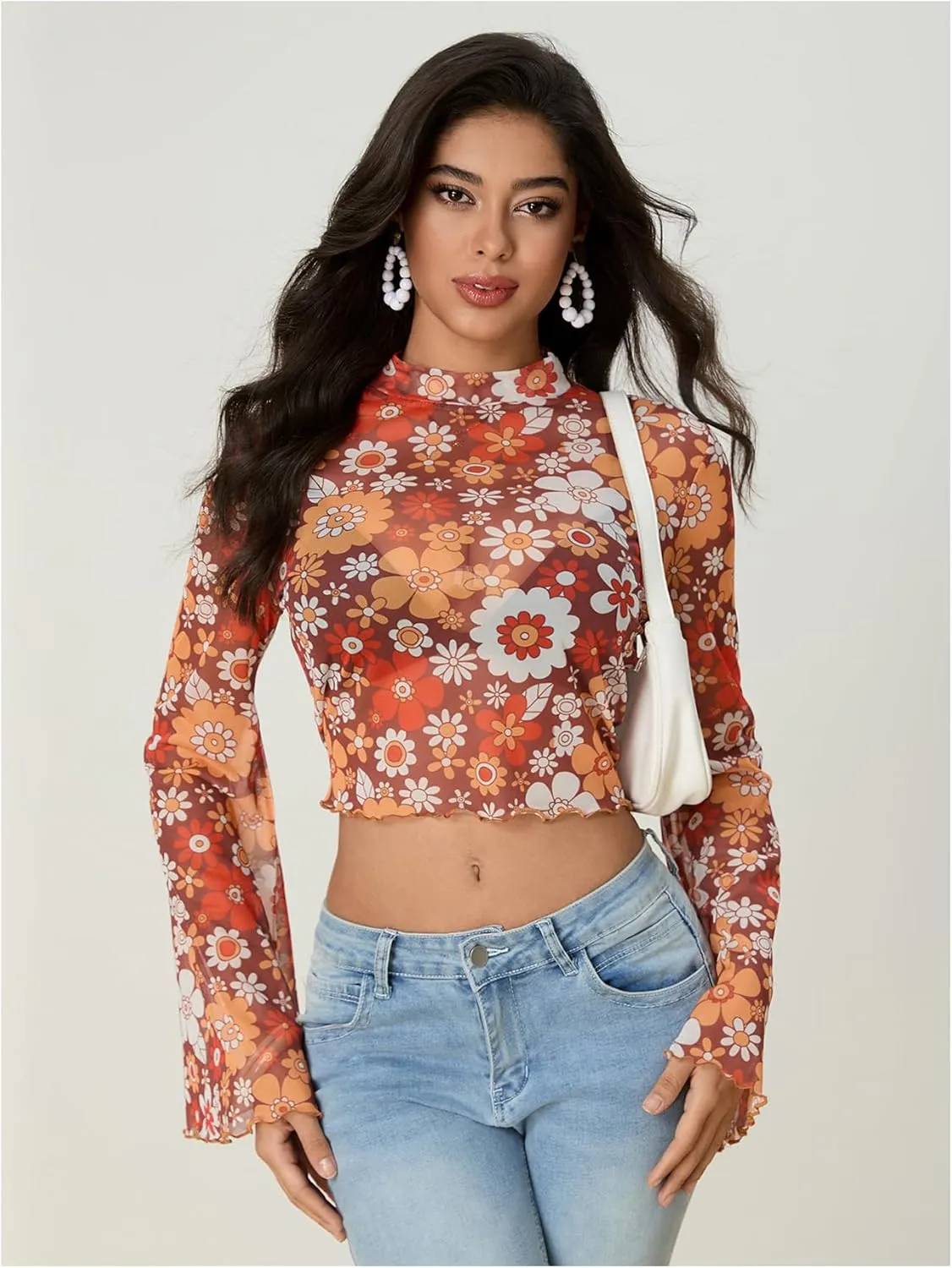 Women's Y2K Floral 70s Top Hippie Shirt Sheer Mesh Tee Shirt Disco Long Bell Sleeve T Shirts Crew Neck Boho Crop Tops