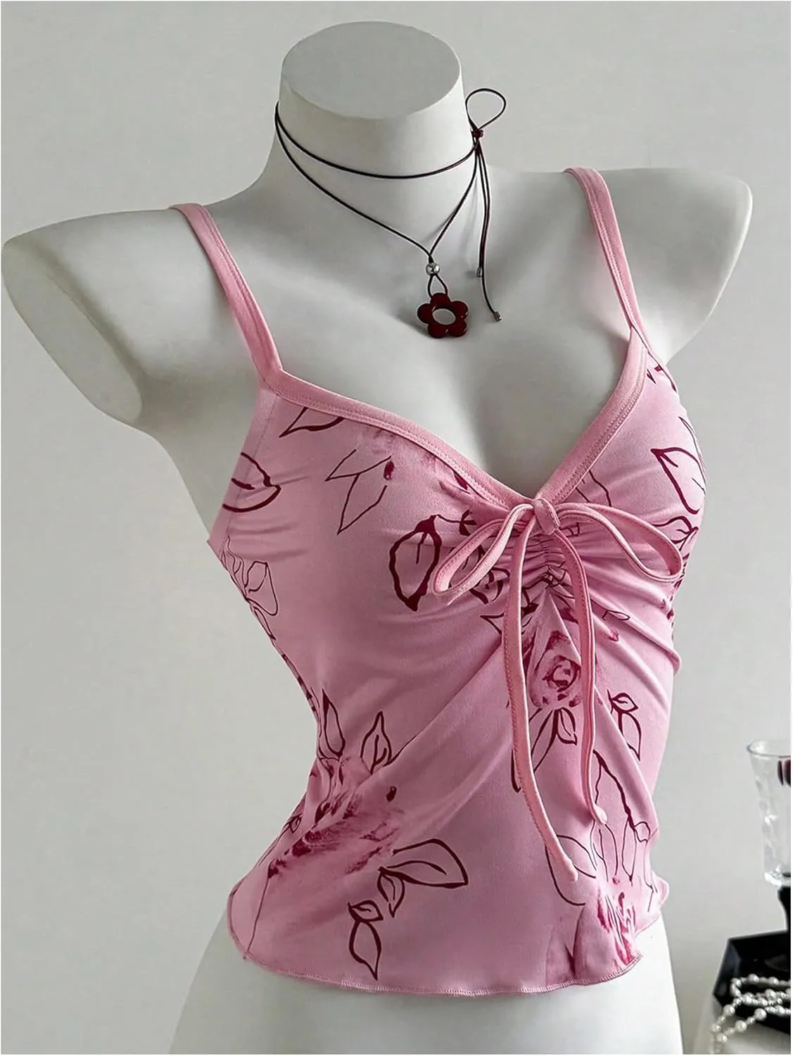 Women's Y2k Floral Cami Tank Top Drawstring Ruched Spaghetti Strap Crop Camisole