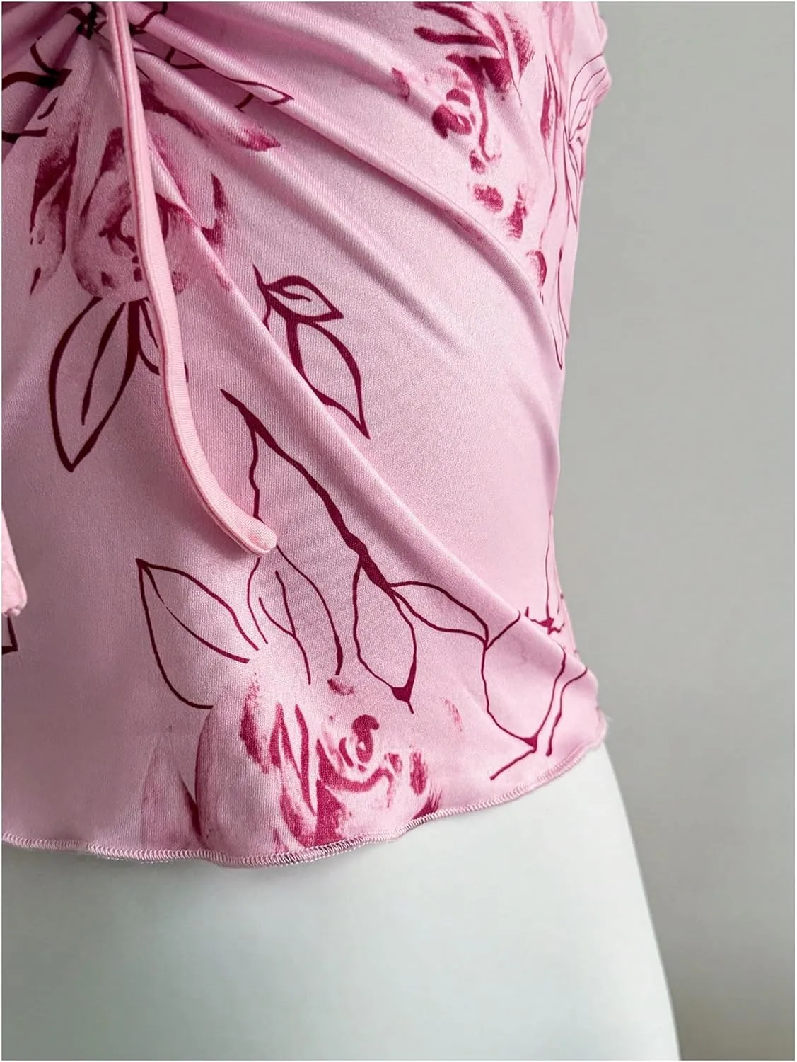 Women's Y2k Floral Cami Tank Top Drawstring Ruched Spaghetti Strap Crop Camisole