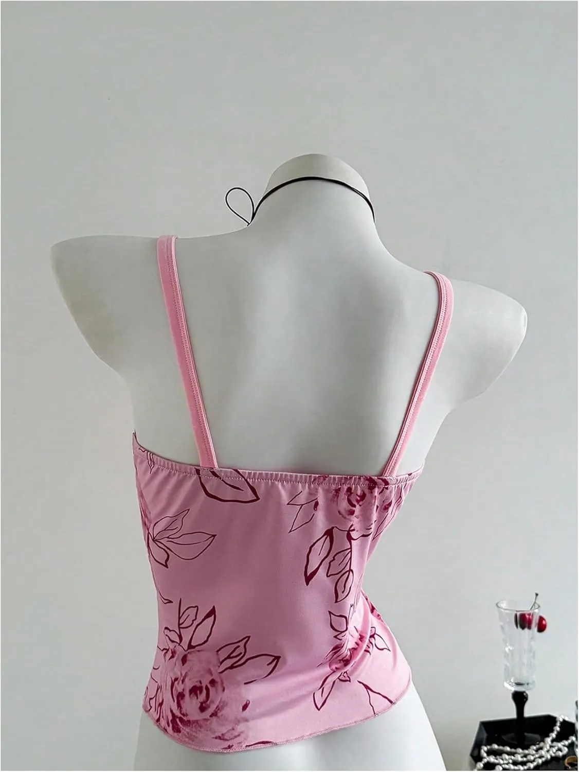 Women's Y2k Floral Cami Tank Top Drawstring Ruched Spaghetti Strap Crop Camisole