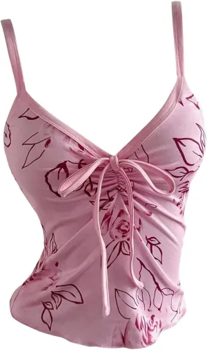 Women's Y2k Floral Cami Tank Top Drawstring Ruched Spaghetti Strap Crop Camisole