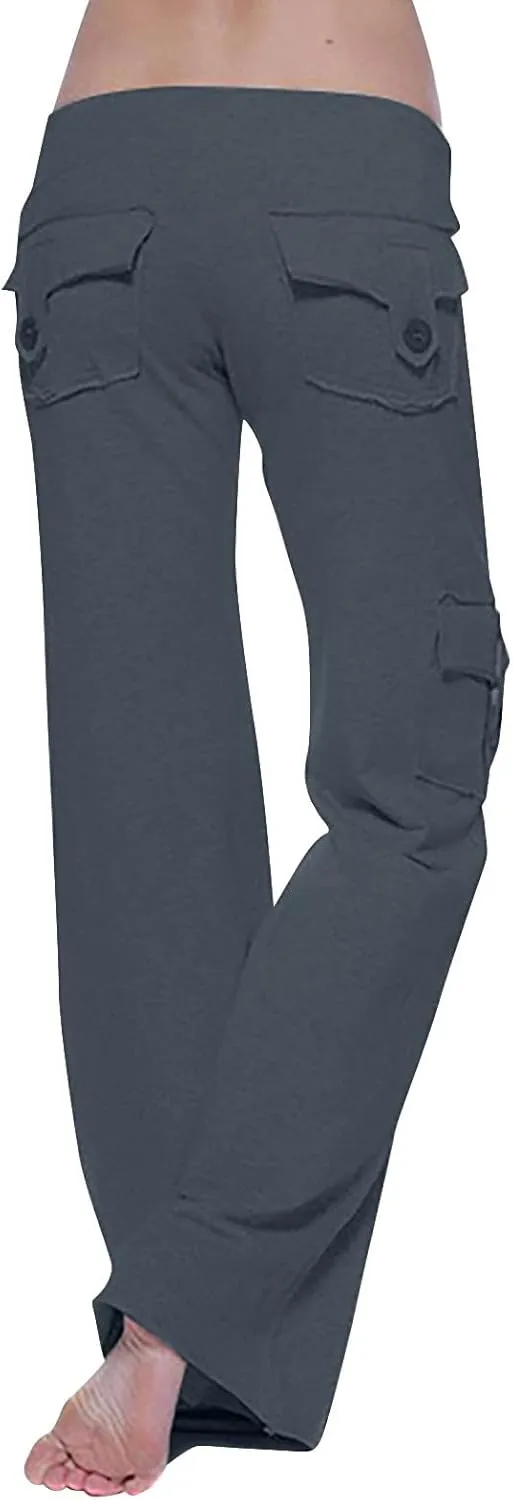 Womens Yoga Pants with Pockets Bootcut Flare Workout Stretchy Cargo Pants High-Waisted Wide Leg Pants Tummy Control