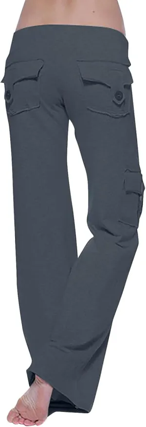 Womens Yoga Pants with Pockets Bootcut Flare Workout Stretchy Cargo Pants High-Waisted Wide Leg Pants Tummy Control