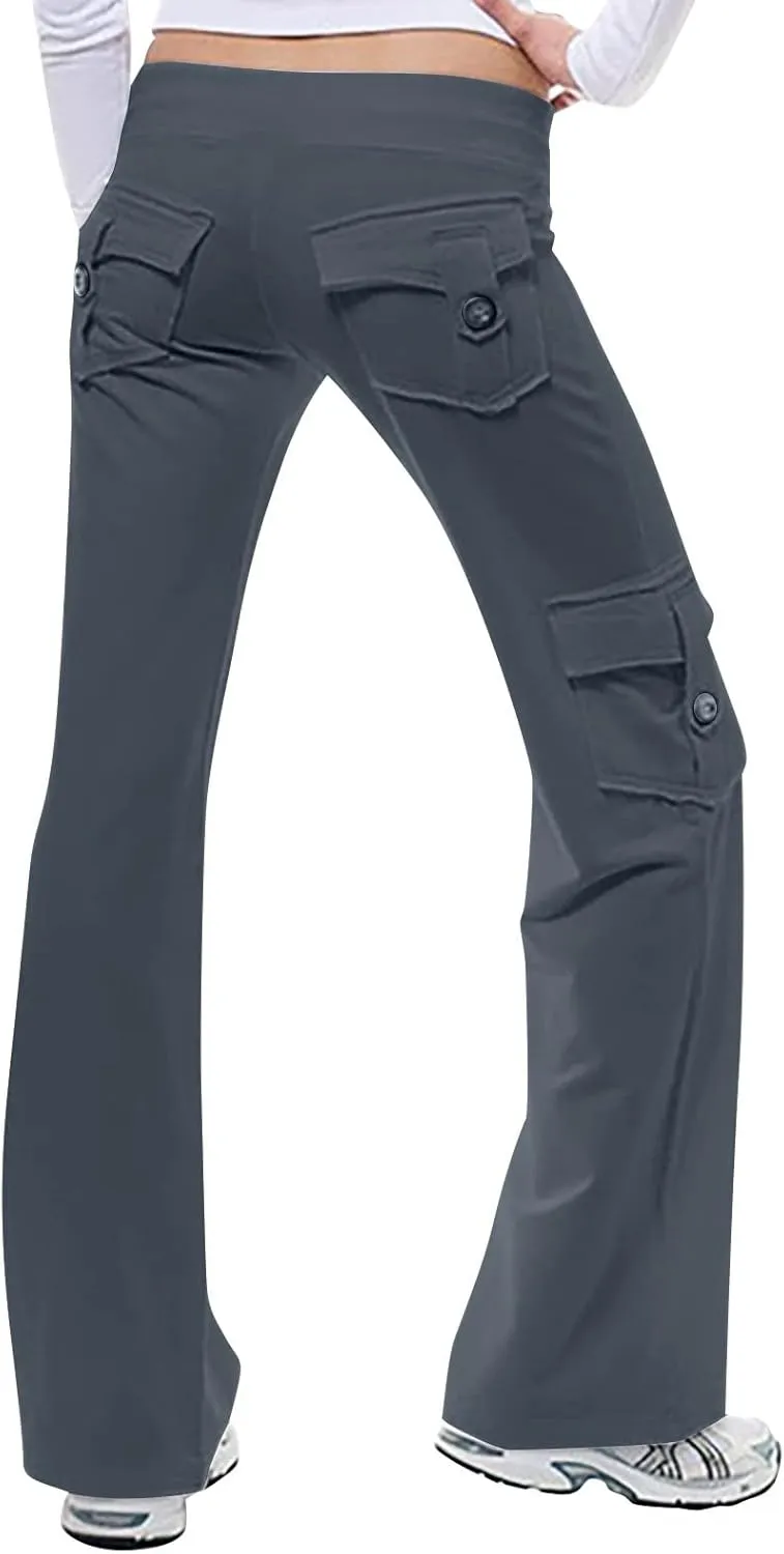 Womens Yoga Pants with Pockets Bootcut Flare Workout Stretchy Cargo Pants High-Waisted Wide Leg Pants Tummy Control
