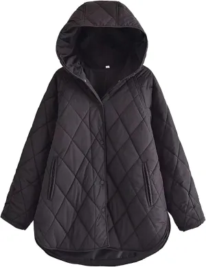 XUNRYAN Women Quilted Puffer Jacket Hooded Winter Warm Coat Mid Long Thicken Padded Cotton Down Jackets Overcoat Outerwear