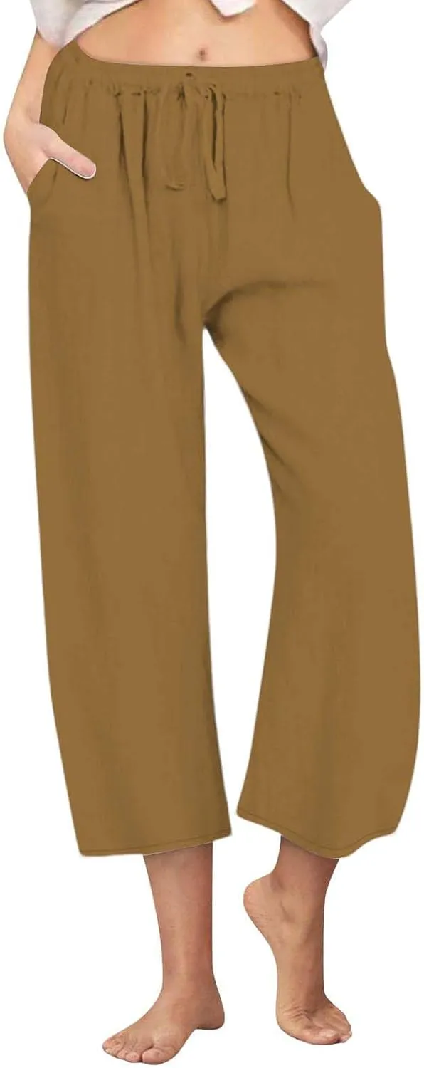 yardsong Capri Pants for Women Cotton Linen Summer Wide Leg Pants Casual Loose Fit Drawstring Boho Beach Pant with Pockets