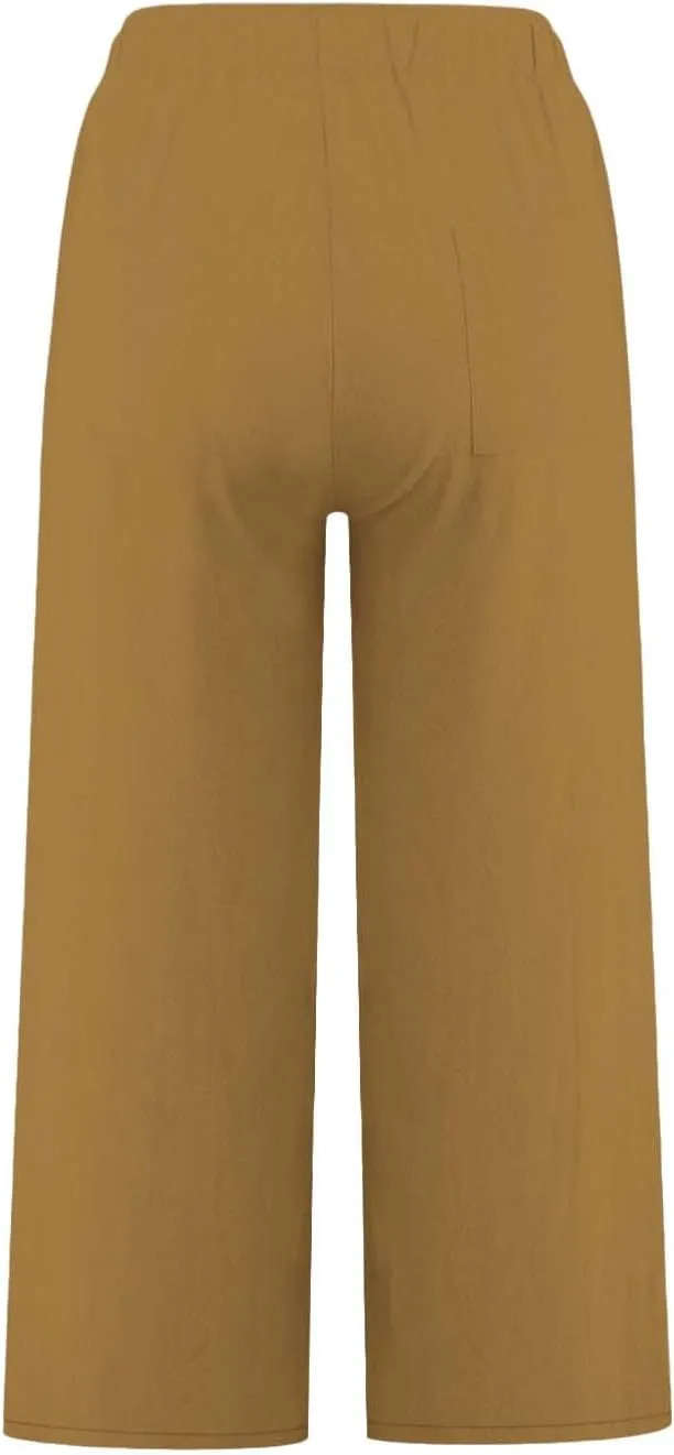yardsong Capri Pants for Women Cotton Linen Summer Wide Leg Pants Casual Loose Fit Drawstring Boho Beach Pant with Pockets