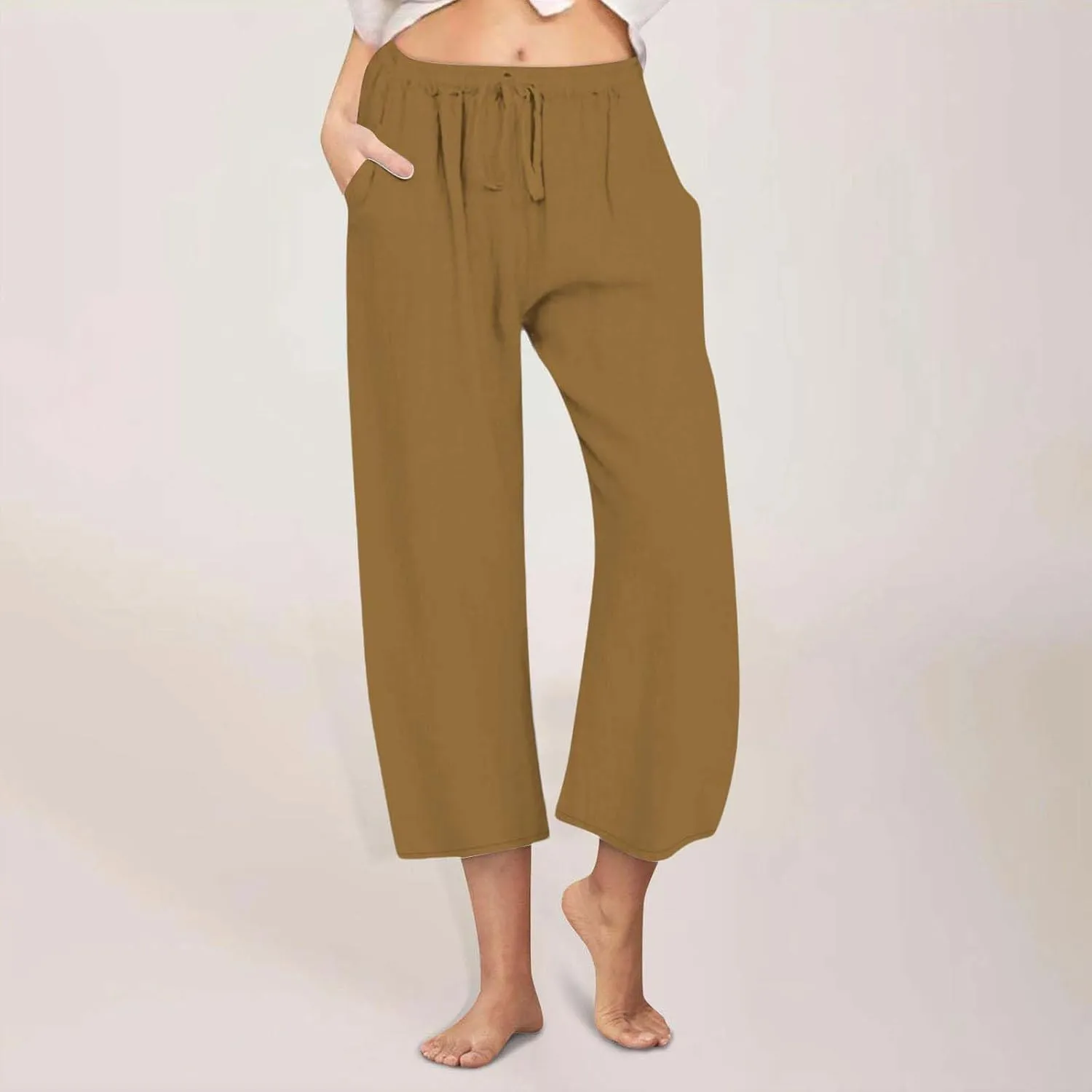 yardsong Capri Pants for Women Cotton Linen Summer Wide Leg Pants Casual Loose Fit Drawstring Boho Beach Pant with Pockets