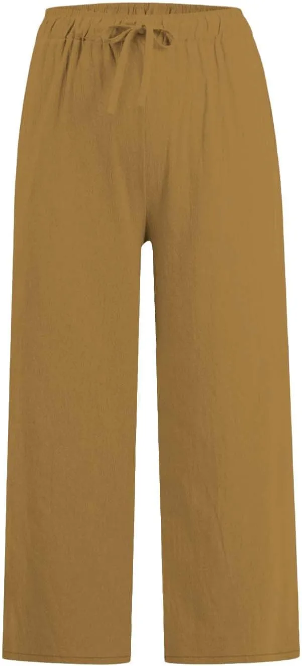 yardsong Capri Pants for Women Cotton Linen Summer Wide Leg Pants Casual Loose Fit Drawstring Boho Beach Pant with Pockets