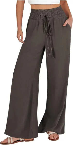 yardsong Linen Pants Women Summer Boho Smocked Drawstring High Waist Wide Leg Casual Loose Fit Trousers with Pockets