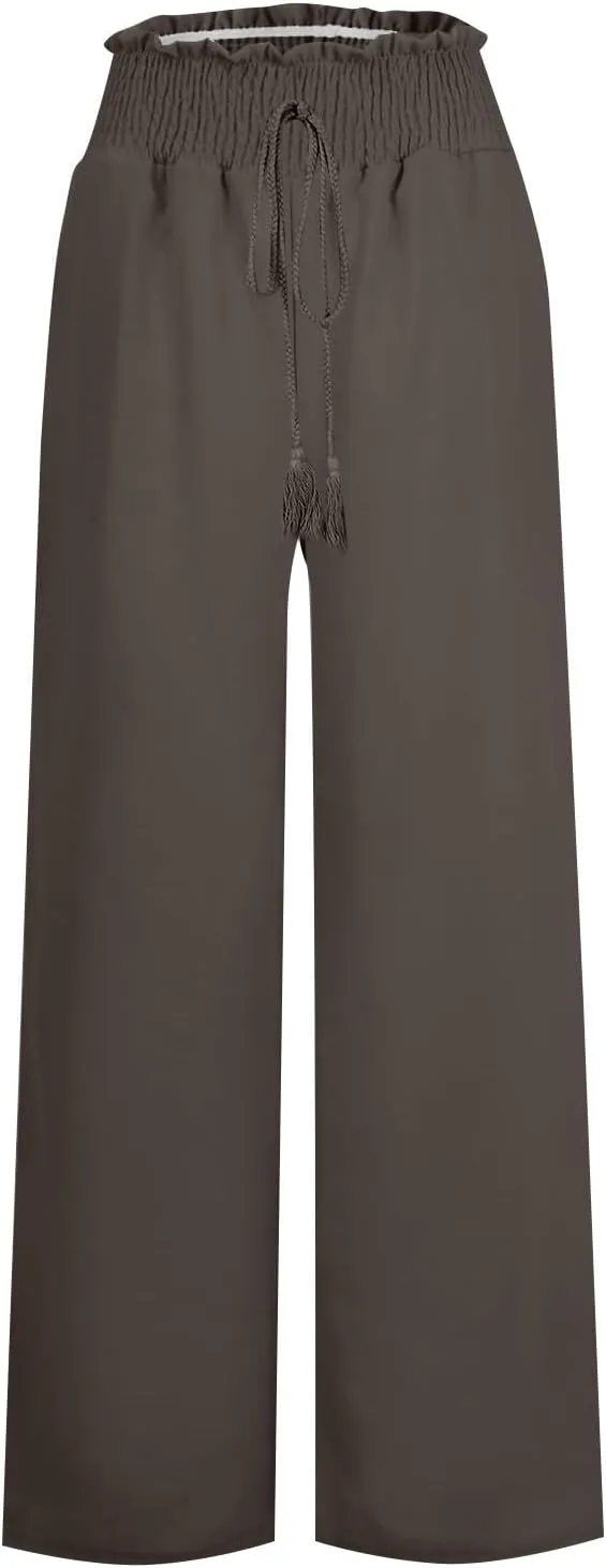yardsong Linen Pants Women Summer Boho Smocked Drawstring High Waist Wide Leg Casual Loose Fit Trousers with Pockets