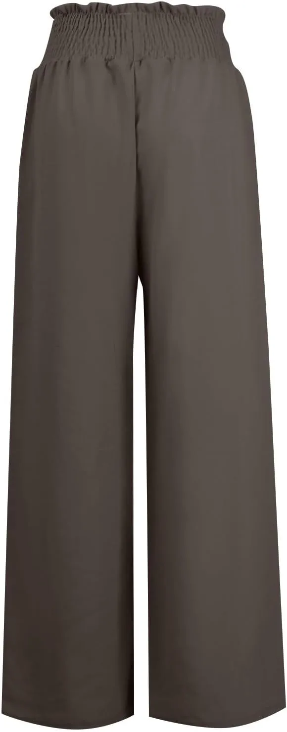 yardsong Linen Pants Women Summer Boho Smocked Drawstring High Waist Wide Leg Casual Loose Fit Trousers with Pockets