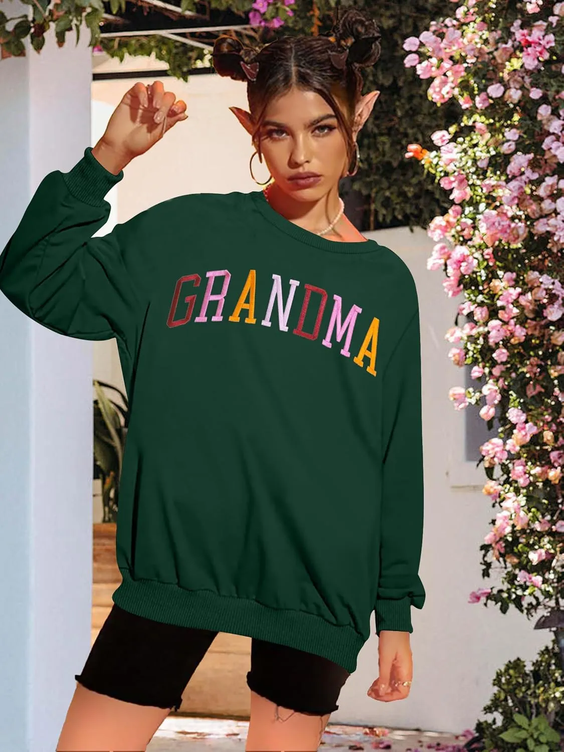 YI XIANG RAN Grandma Sweatshirt for Women - Embroidered Long Sleeve Pullover Top, Oversized