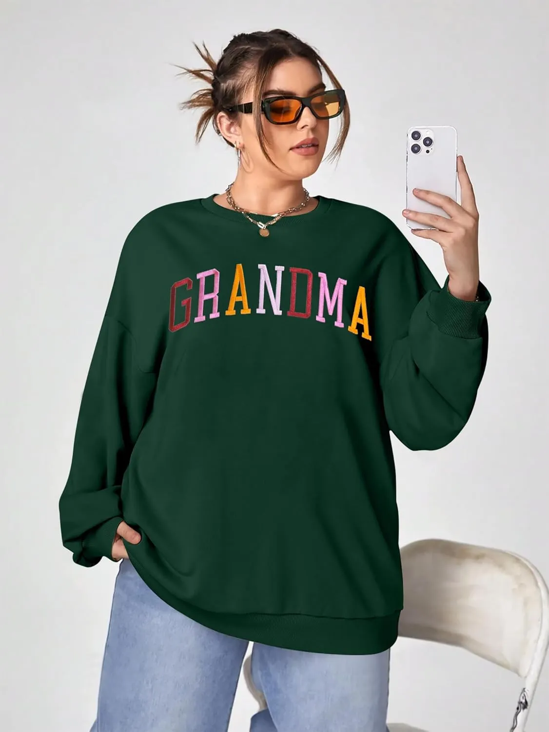 YI XIANG RAN Grandma Sweatshirt for Women - Embroidered Long Sleeve Pullover Top, Oversized
