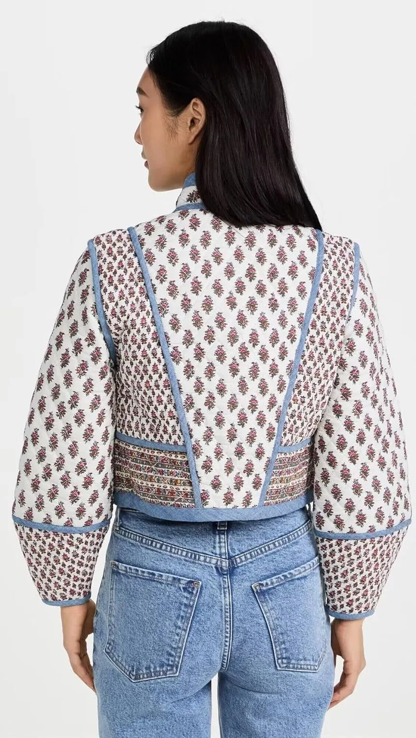 Yimoon Women's Quilted Jacket Lightweight Floral Print Cropped Puffer Coat Short Padded Open Front Winter Outwear
