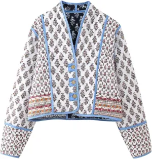 Yimoon Women's Quilted Jacket Lightweight Floral Print Cropped Puffer Coat Short Padded Open Front Winter Outwear