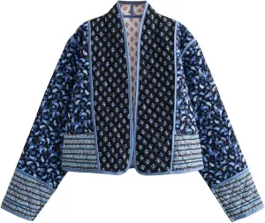 Yimoon Women's Quilted Jacket Lightweight Floral Print Cropped Puffer Coat Short Padded Open Front Winter Outwear