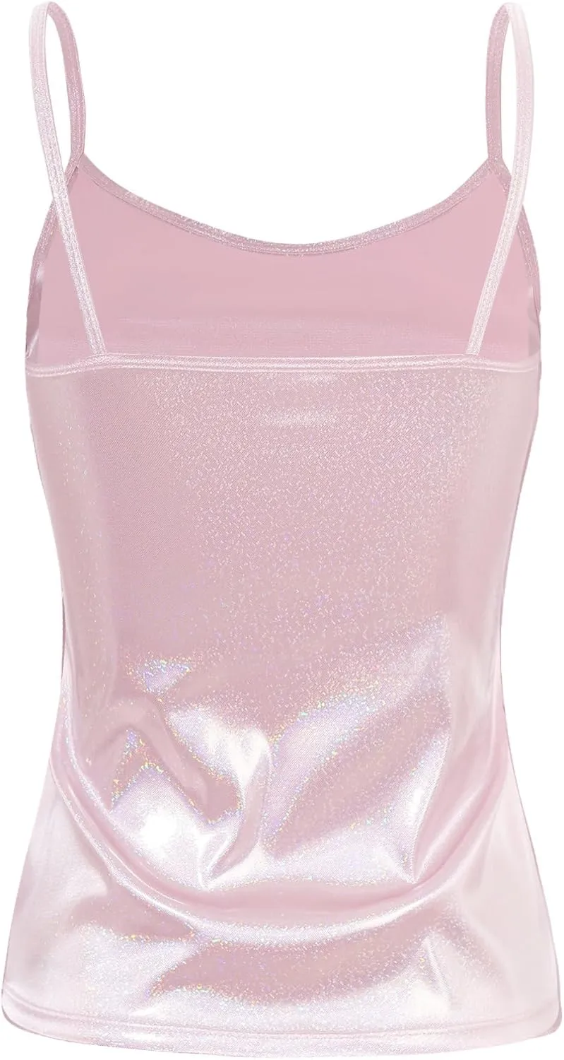 YiZYiF Women's Spaghetti Wet Look PVC Leather Camisole Vest Tank Top Blouse