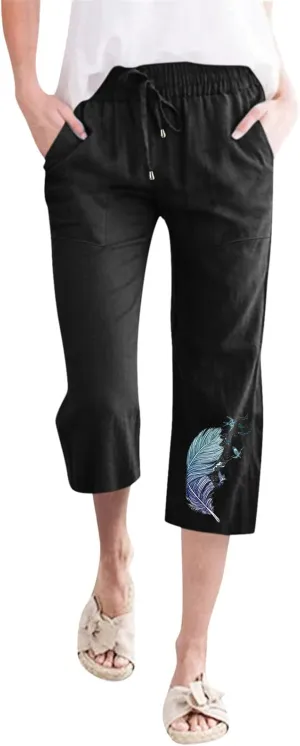 YOLAI Women Feather Printed Drawstring Trousers Elastic High Waist Pant Straight Wide Leg Cropped Capri Pants with Pockets (Black, M)
