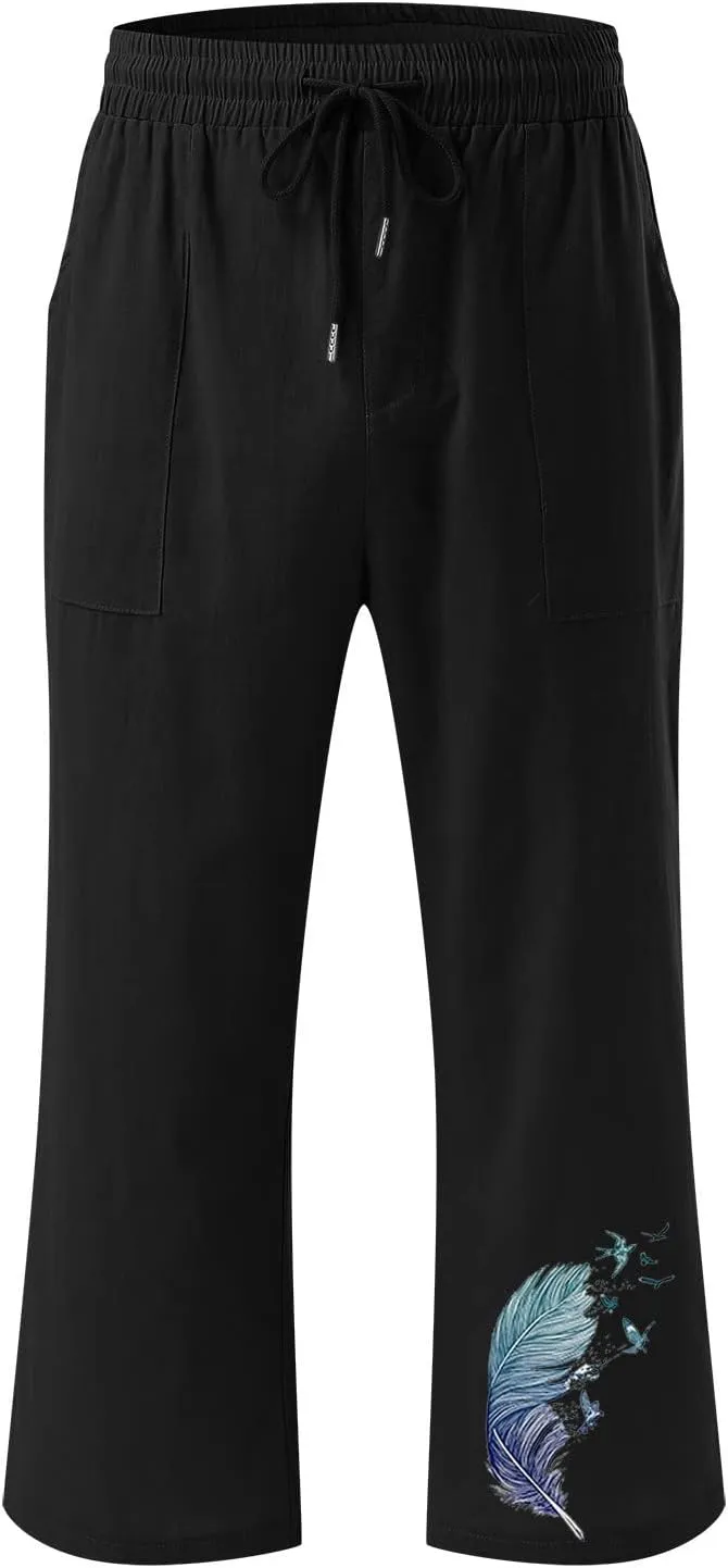YOLAI Women Feather Printed Drawstring Trousers Elastic High Waist Pant Straight Wide Leg Cropped Capri Pants with Pockets (Black, M)