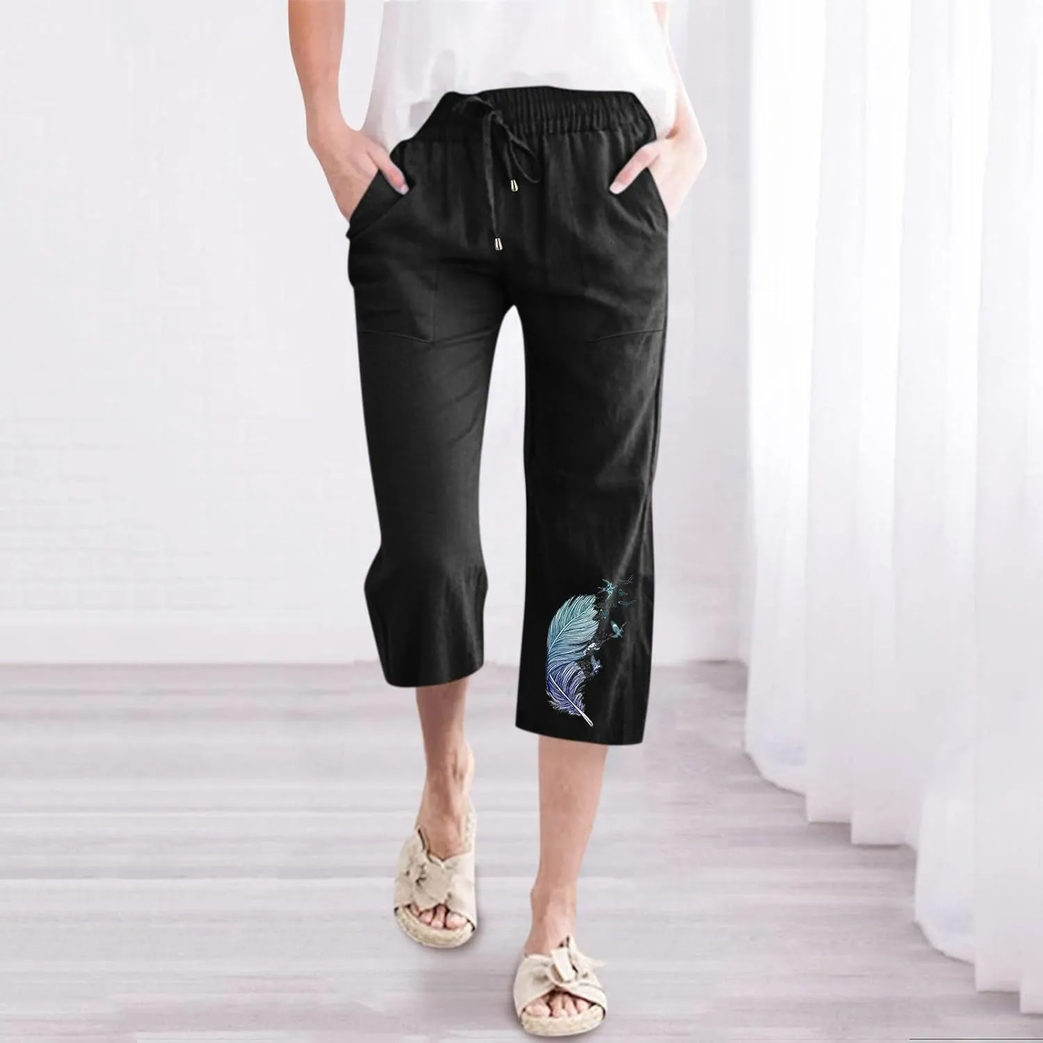 YOLAI Women Feather Printed Drawstring Trousers Elastic High Waist Pant Straight Wide Leg Cropped Capri Pants with Pockets (Black, M)