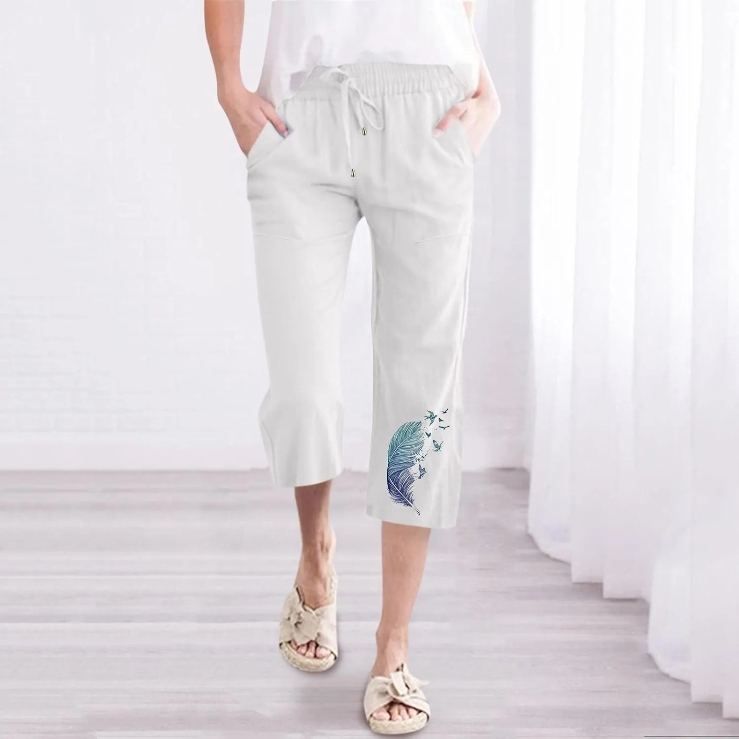 YOLAI Women Feather Printed Drawstring Trousers Elastic High Waist Pant Straight Wide Leg Cropped Capri Pants with Pockets (White, M)