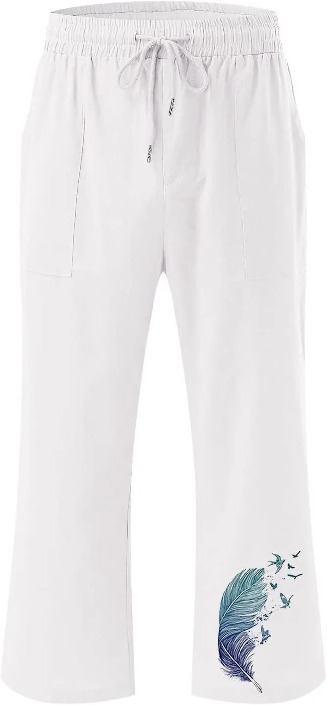 YOLAI Women Feather Printed Drawstring Trousers Elastic High Waist Pant Straight Wide Leg Cropped Capri Pants with Pockets (White, M)