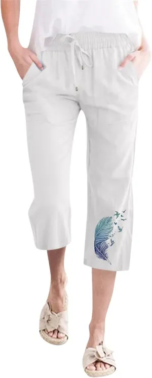 YOLAI Women Feather Printed Drawstring Trousers Elastic High Waist Pant Straight Wide Leg Cropped Capri Pants with Pockets (White, M)