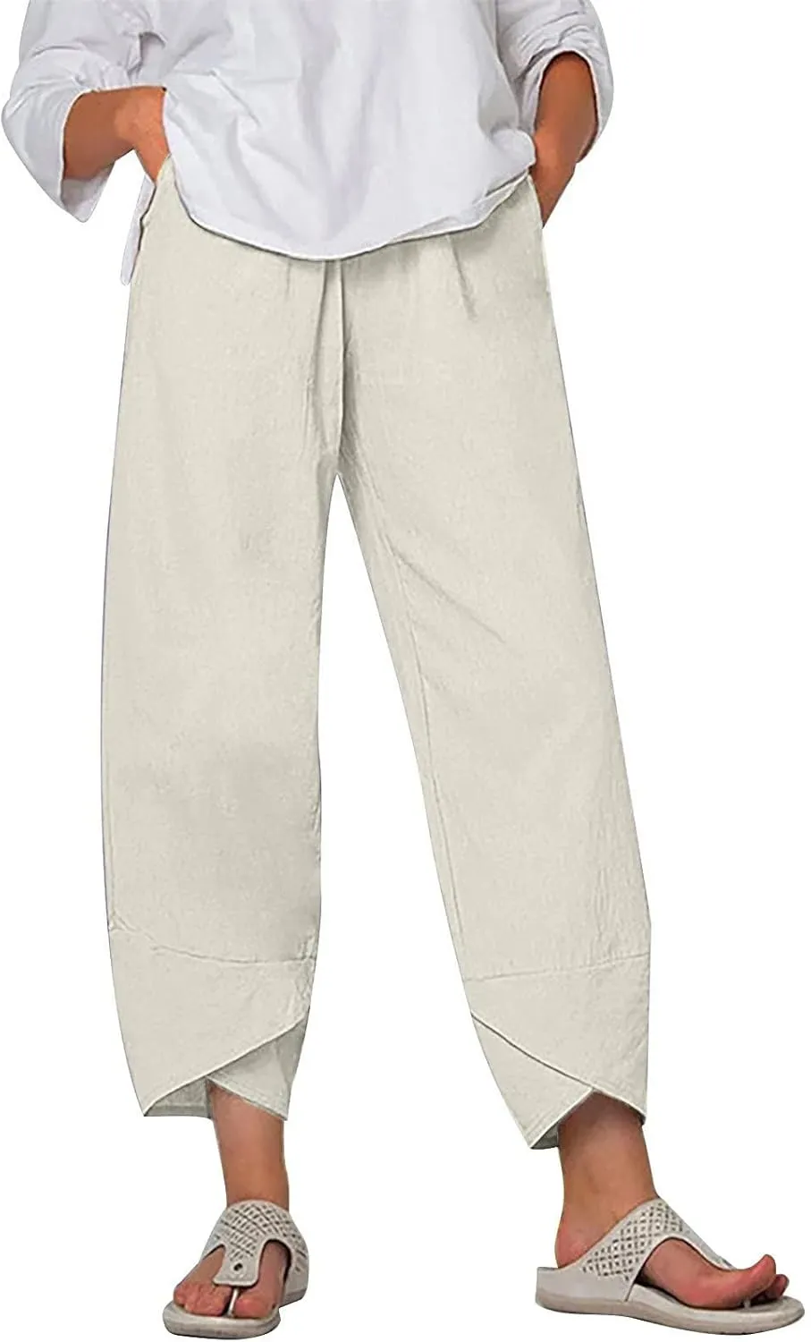 YRAETENM Linen Pants Women Summer Casual Capri Pants Cropped Comfy Baggy Trousers High Waisted Lounge Pants with Pockets