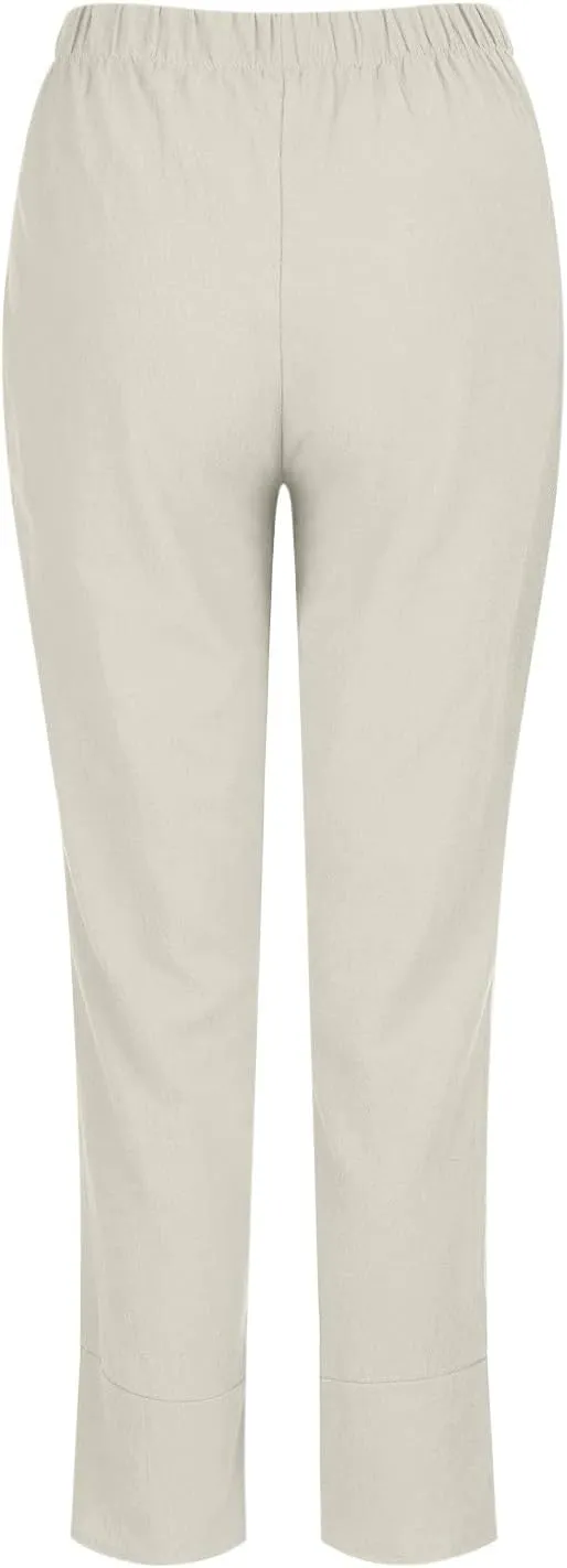 YRAETENM Linen Pants Women Summer Casual Capri Pants Cropped Comfy Baggy Trousers High Waisted Lounge Pants with Pockets